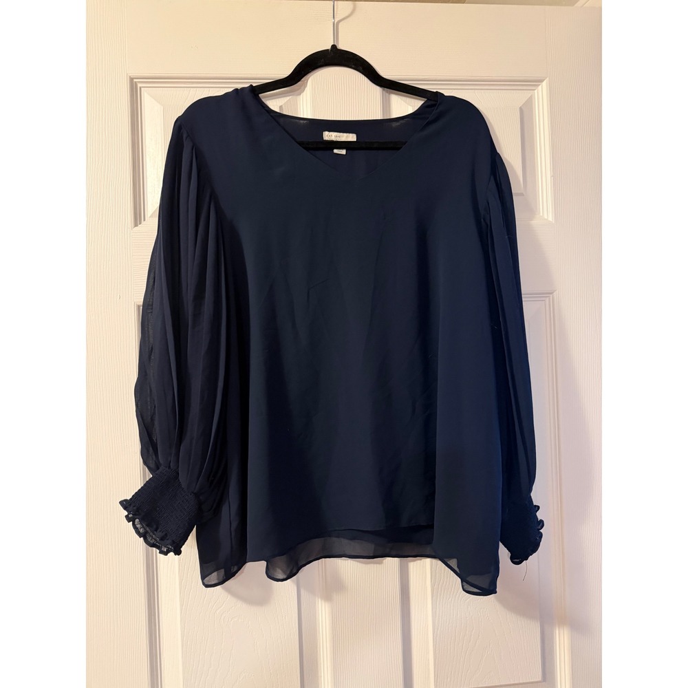 Cato's Navy Blue V-Neck Blouse Pleated Balloon Sleeve Smocked Cuff 14/16W Office